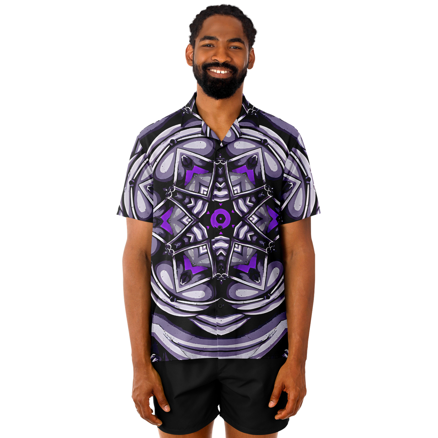 Men's Kaleidoscope Purple Pattern Spread Collar Short Sleeve Button-Down All Over Print Shirt.