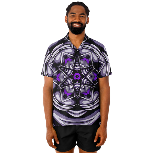 Men's Kaleidoscope Purple Pattern Spread Collar Short Sleeve Button-Down All Over Print Shirt.