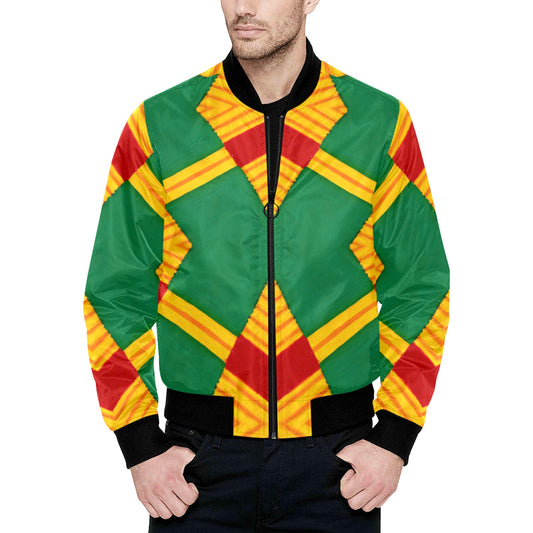 Men Bold Green, Red & Gold African Kente-Inspired Pattern All-Over Print Bomber Jacket