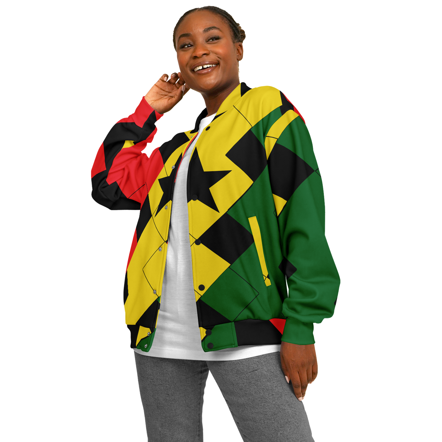 Women's Red Yellow Green and Black Stars Baseball Jacket
