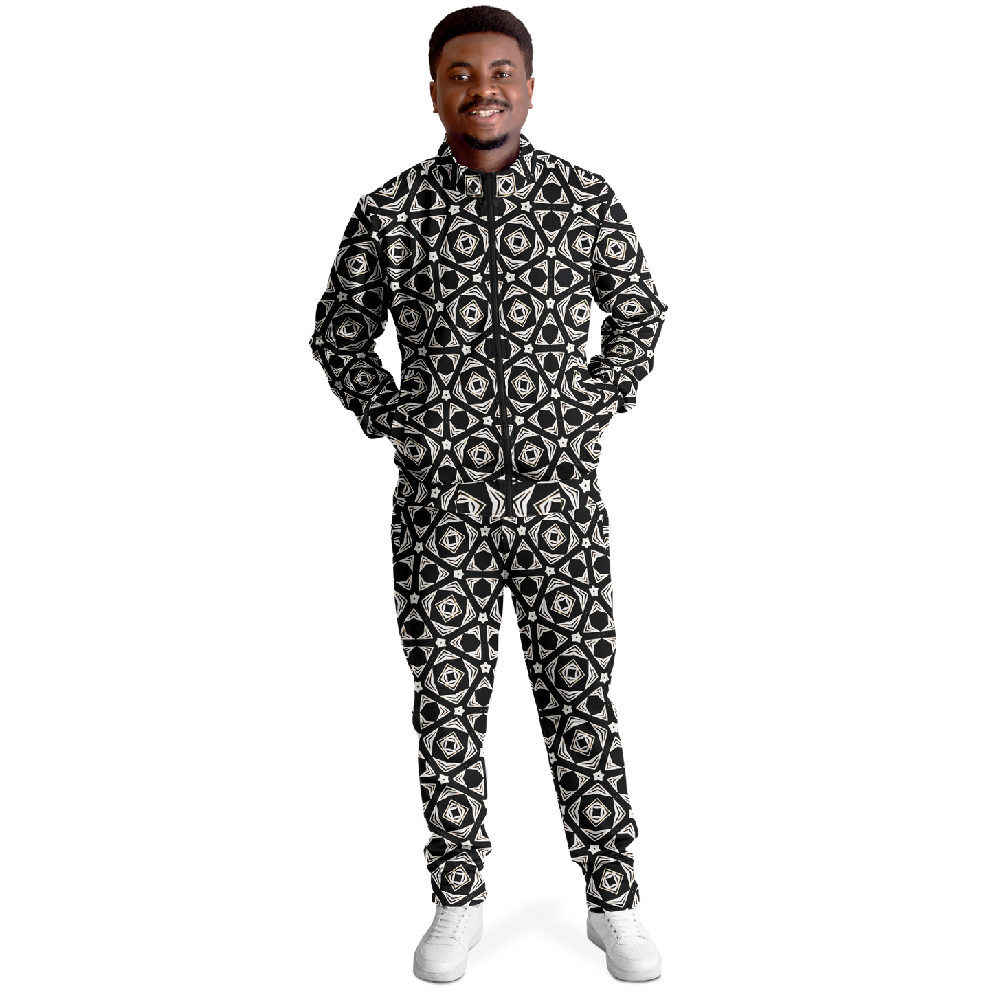 Men's Black Geometric Pattern Track Jacket and Pants