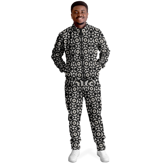 Men's Black Geometric Pattern Track Jacket and Pants