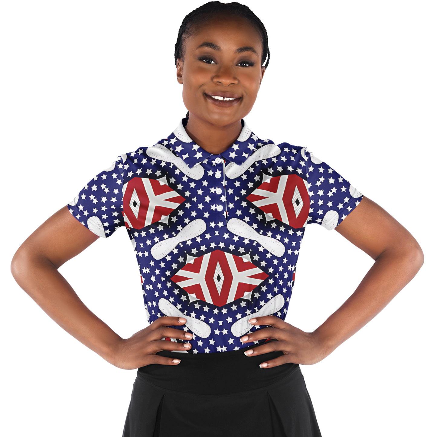 Women's White Blue & Red Patterned Polo Shirt Polo Shirt