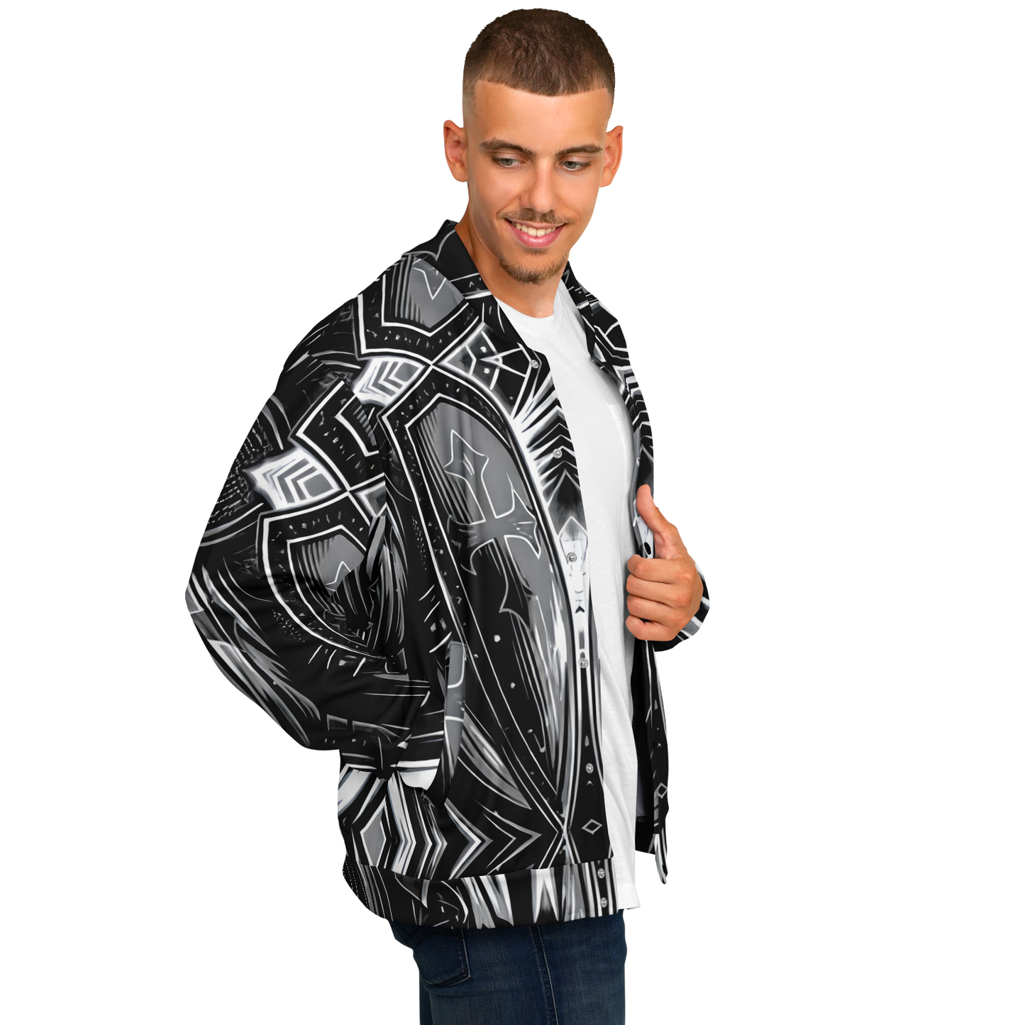Men's Black & Silver Symmetry Pattern All-Over Print Baseball Jacket