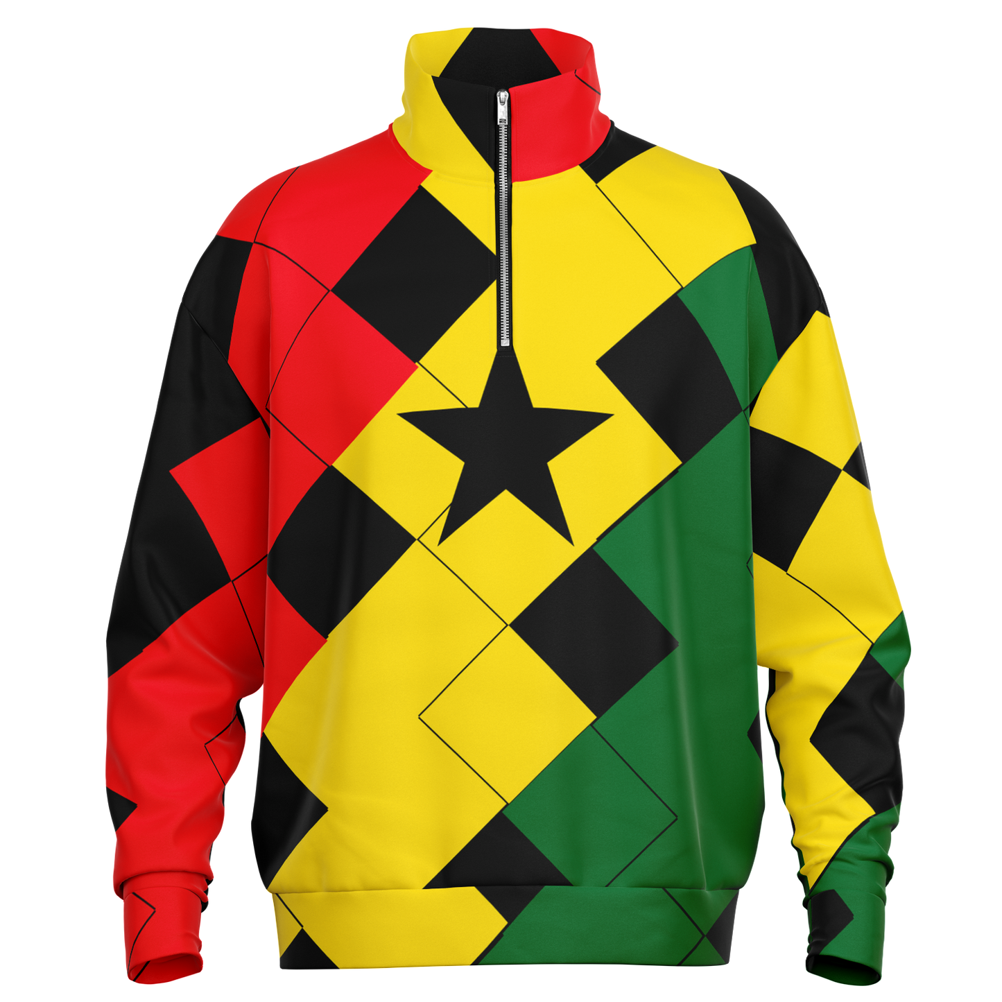 Men's Red Yellow Green and Black Stars Heavyweight Oversized Quarter Zip Sweatshirt