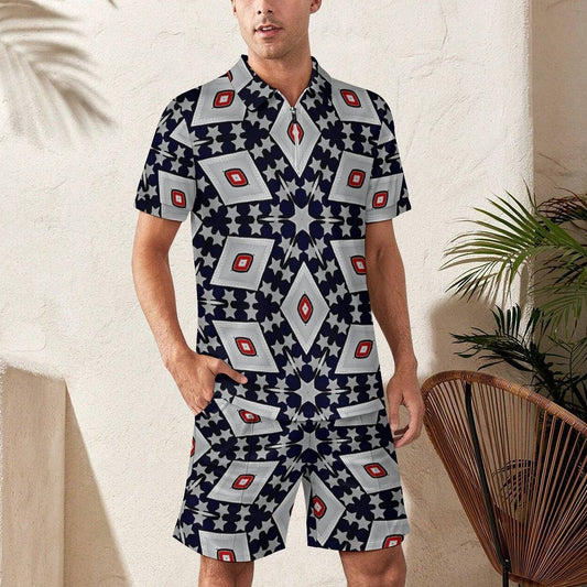 Men's Patriotic Red White Blue Geometric Zip-Up Polo Set