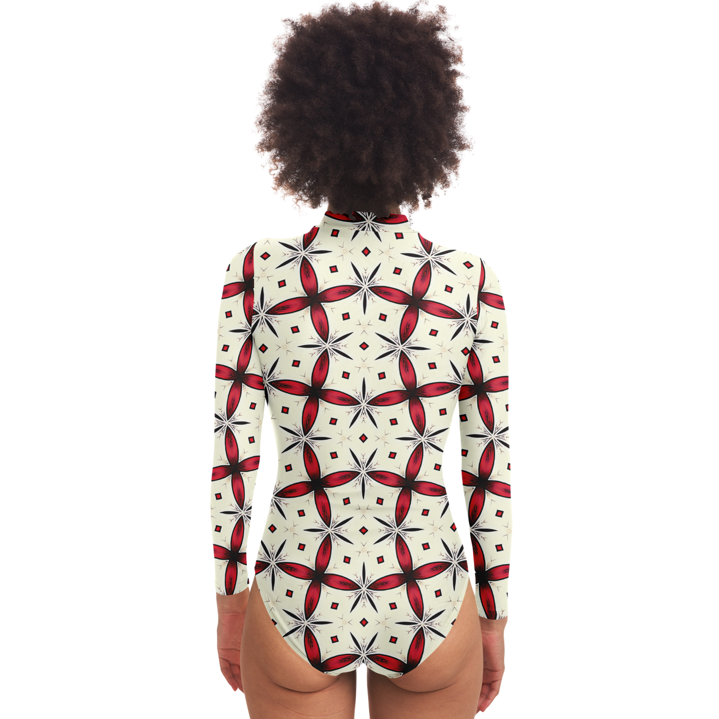 Women's Red & Black Geometric Pattern Bodysuit Long Sleeve