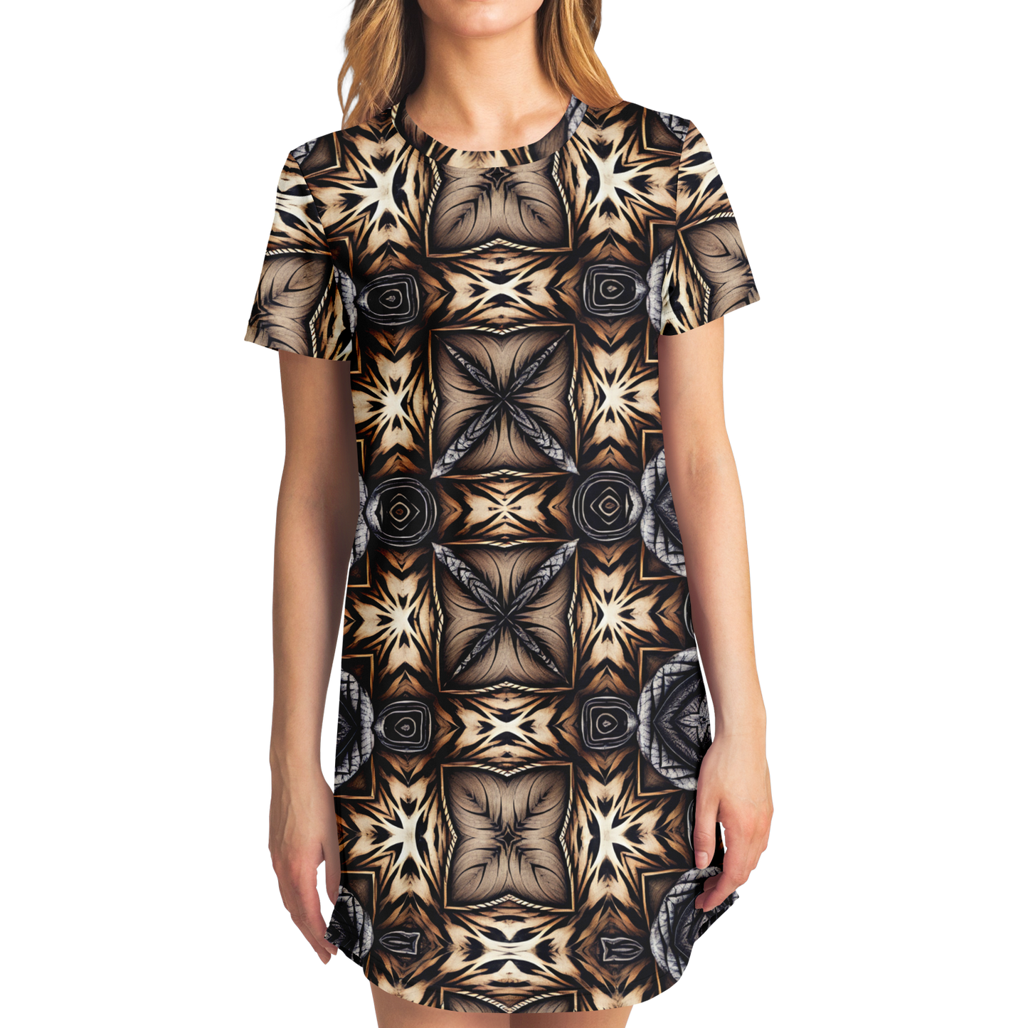 Women's Geometric Kaleidoscope Brown Pattern All Over Print T-Shirt Dress