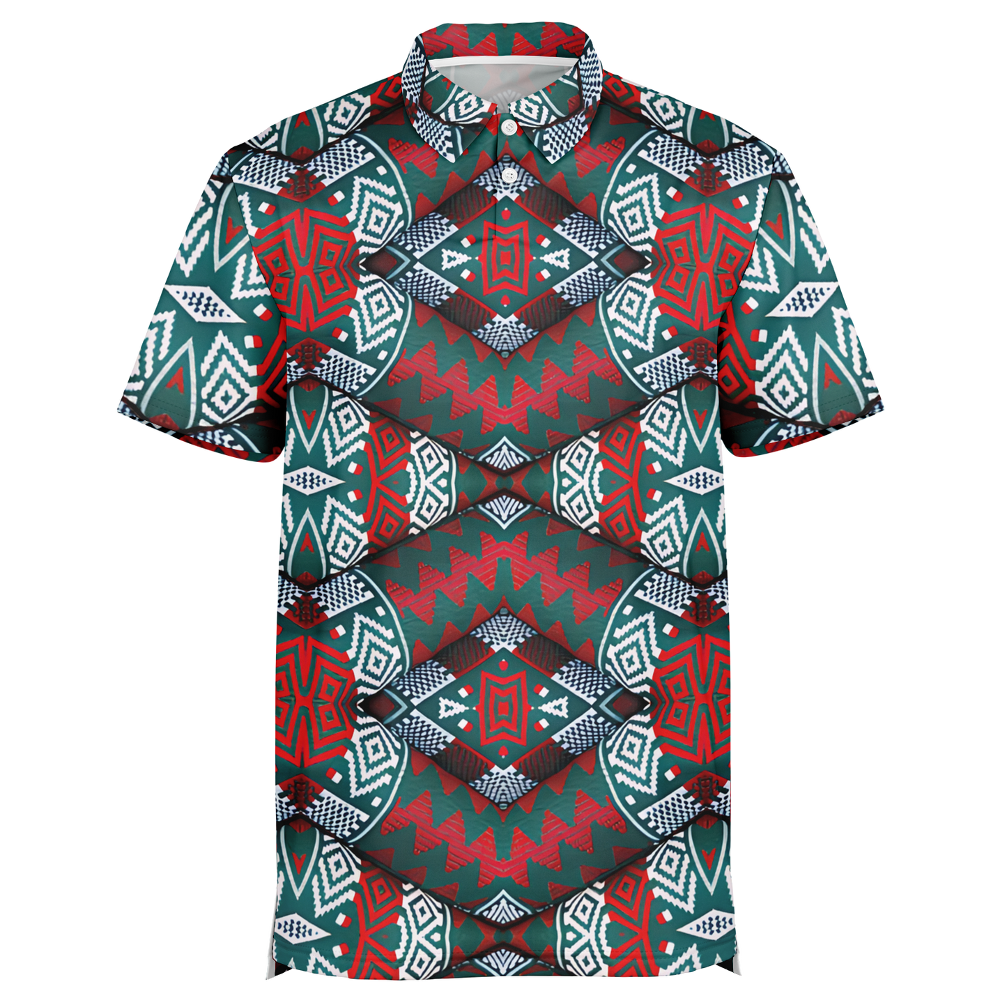Men's Red, Green & White Teal Aztec Geo Pattern All-Over Print Polo Shirt