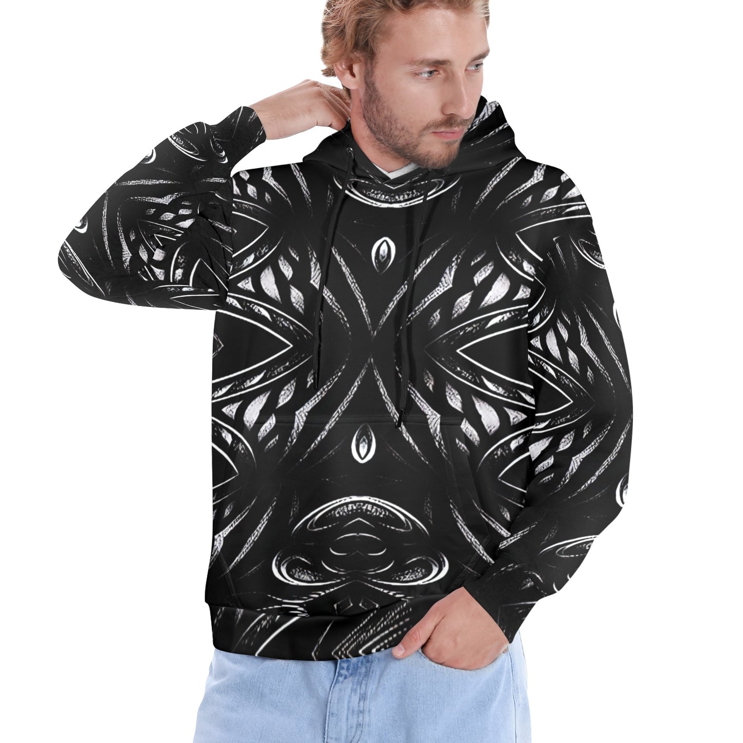 Men's Black & White Geometric Pattern All-Over Print Men's All Over Print Hoodie