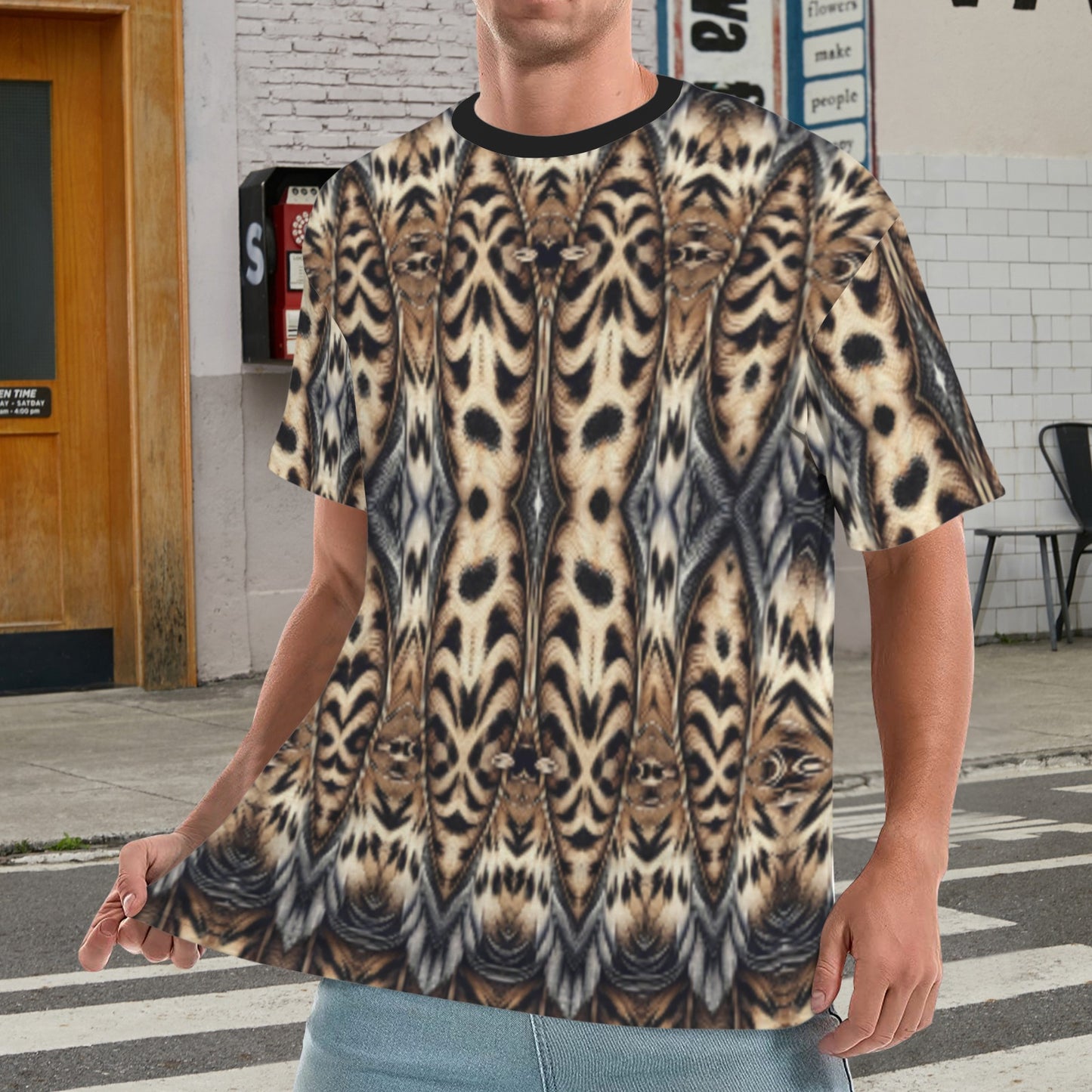 Men's Leopard Trendy Geometric Pattern All-Over Print All Over Print Ribbed Collar T-Shirt