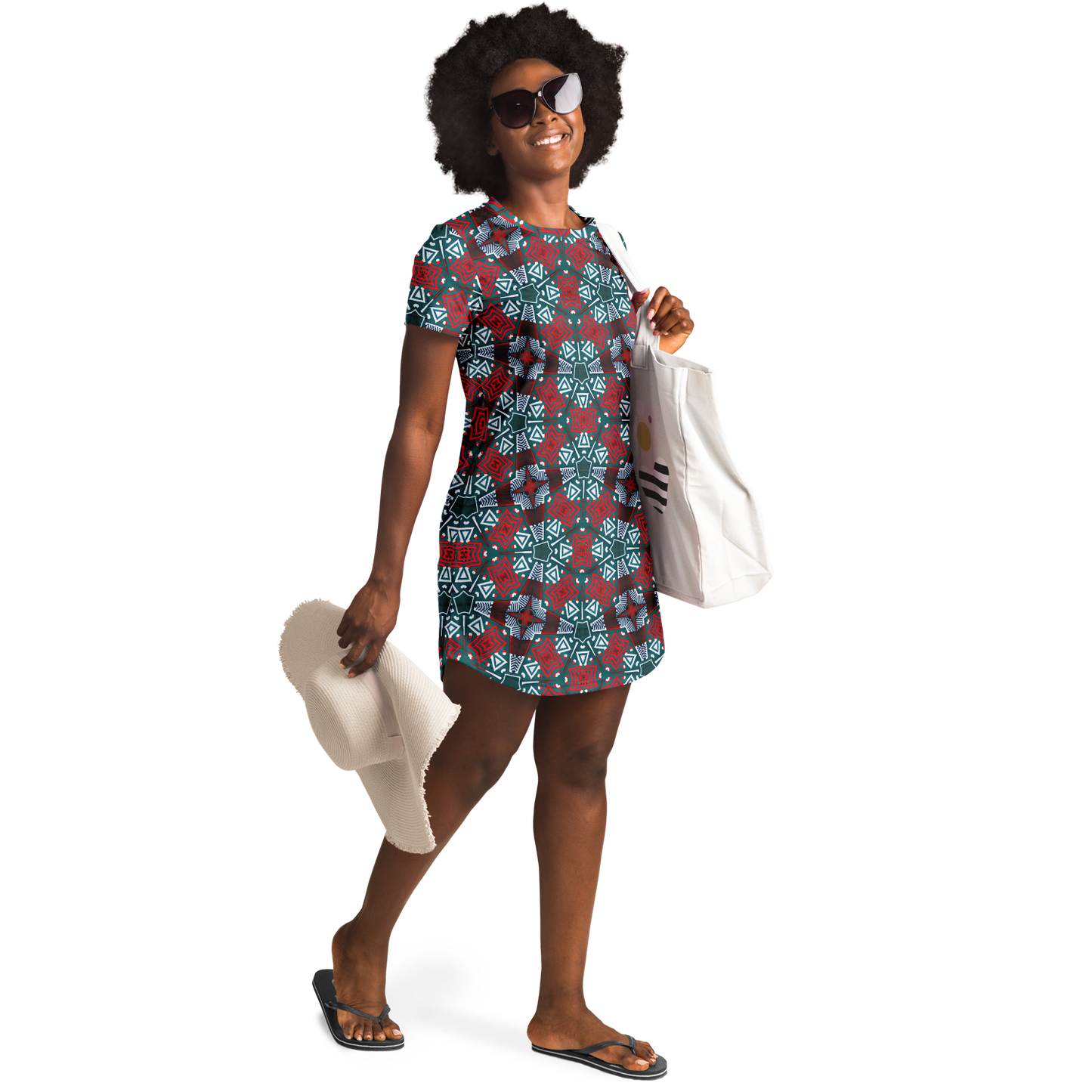 Women's Red, Green & White Teal Aztec Geo Pattern All-Over Print T-Shirt Dress