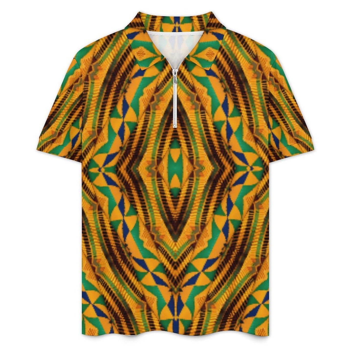 Men's Bold African Kente Inspired Pattern All-Over Print Zip-Up Polo Set