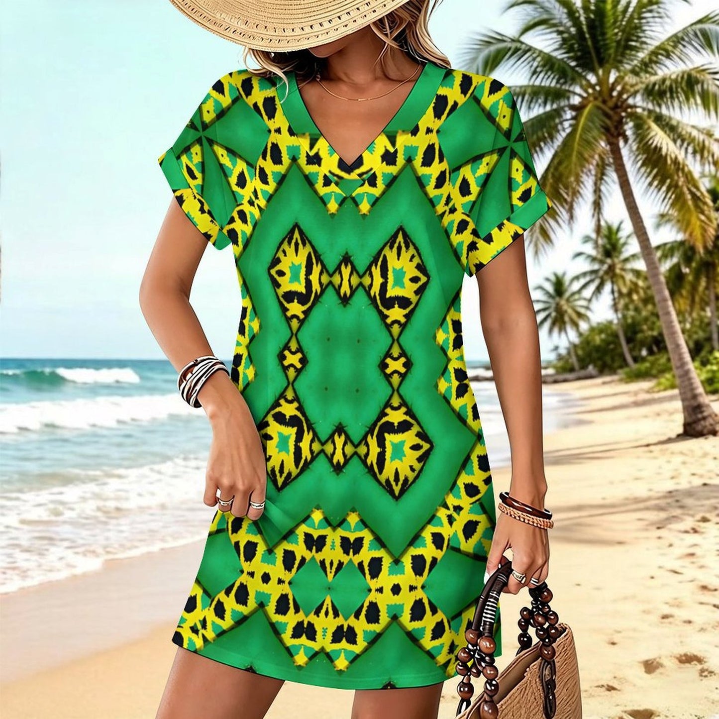 Women's Bold Green Black & Yellow Kaleidoscope Pattern All-Over Print Casual V-Neck Dress with Rolled Cuffs