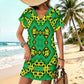 Women's Bold Green Black & Yellow Kaleidoscope Pattern All-Over Print Casual V-Neck Dress with Rolled Cuffs