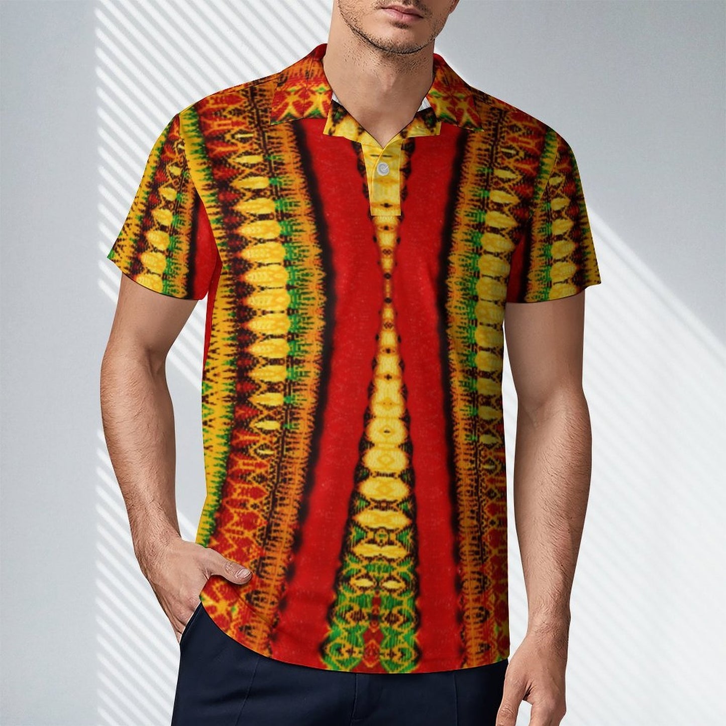 Men's Red Bold Tribal Pattern All-Over Print  Premium Ice Silk Polo Shirt