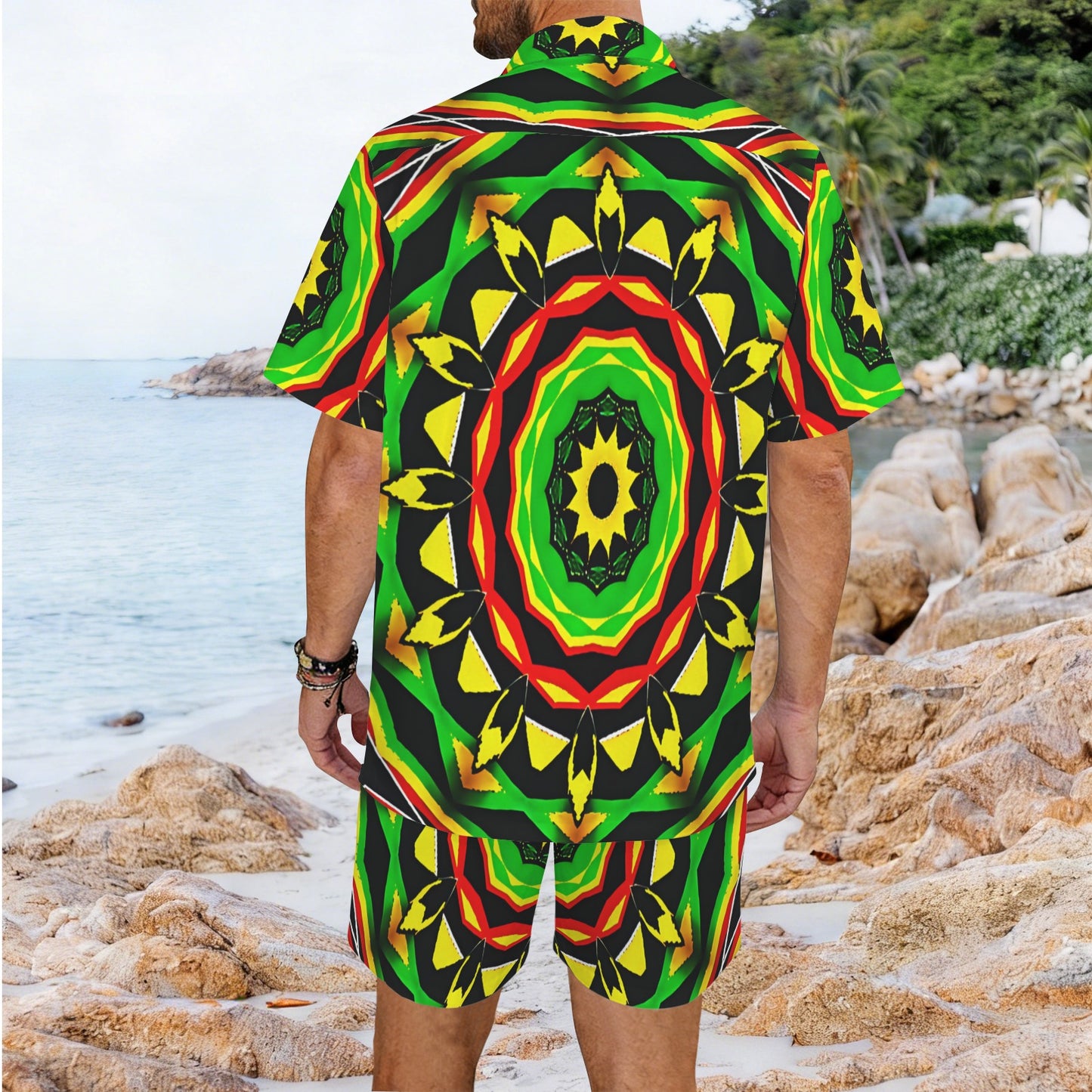 Men's Psychedelic Bold Reggae Colors All Over Print Hawaiian Shirt & Shorts Set