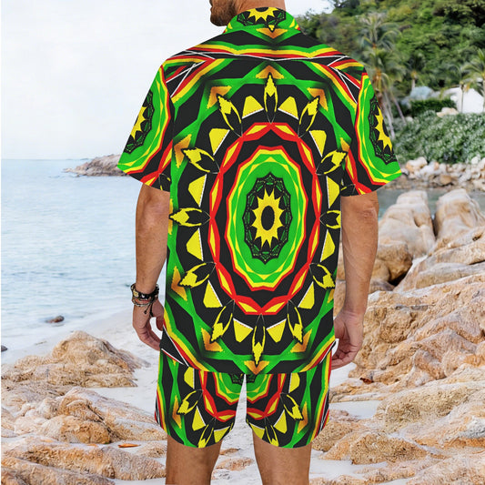 Men's Psychedelic Bold Reggae Colors All Over Print Hawaiian Shirt & Shorts Set