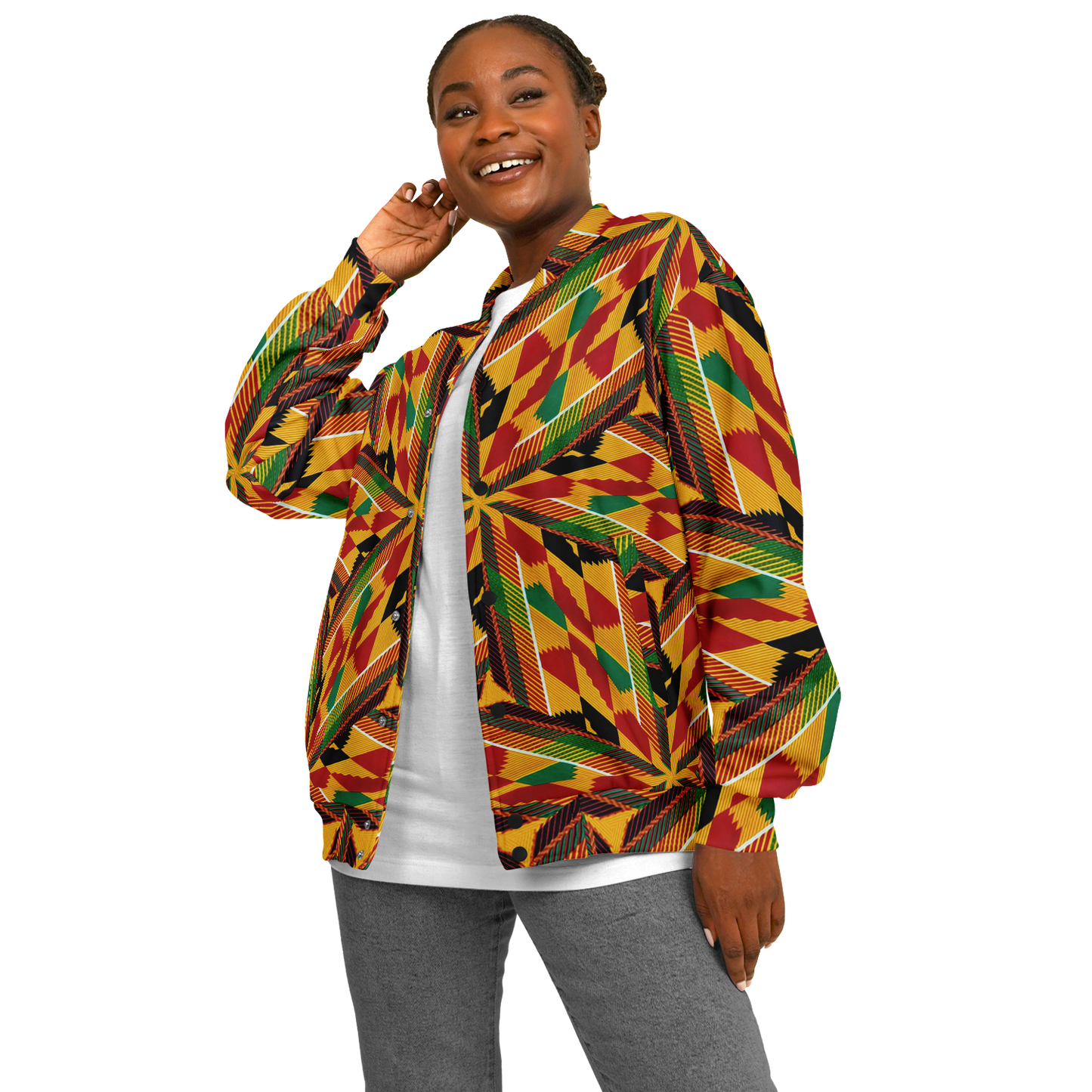 Women's Vibrant African Kente Geometric All-Over Print Baseball Jacket