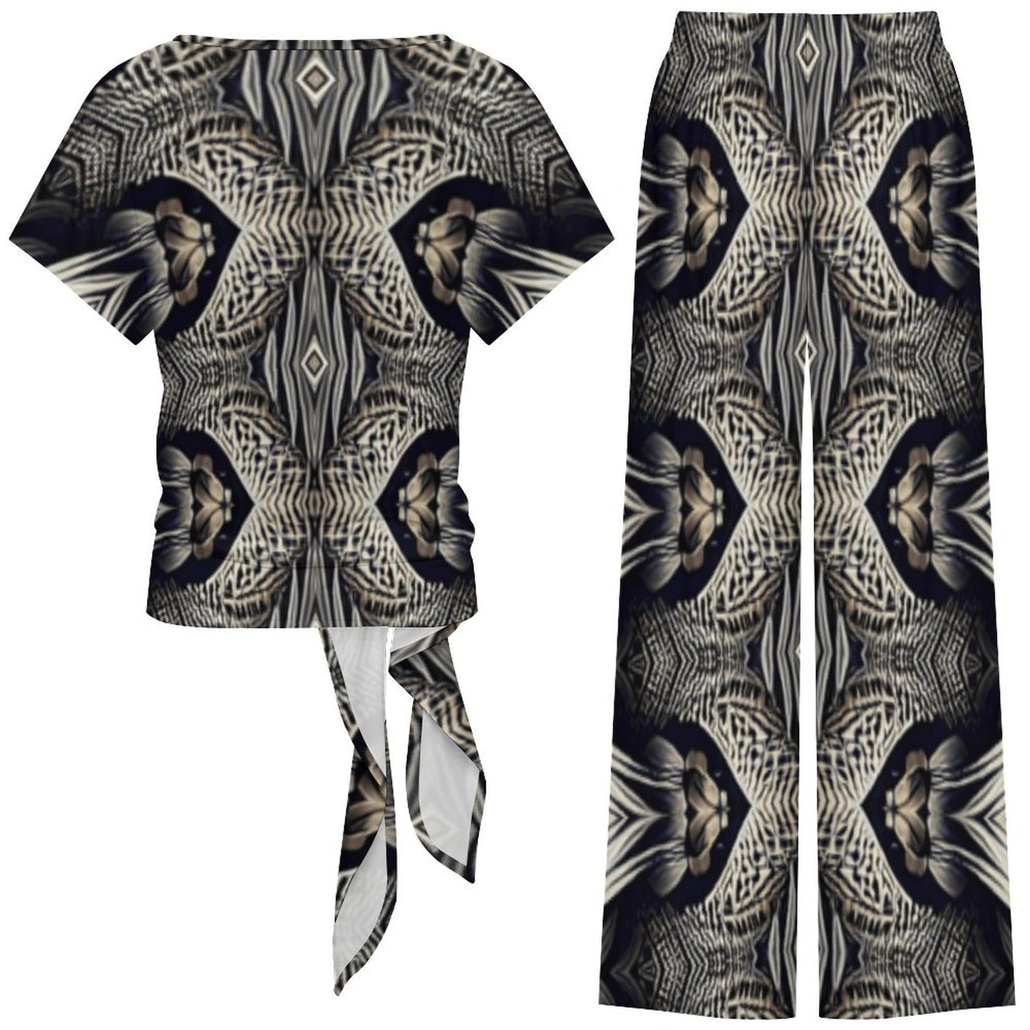 Women's Monochrome Geometric Kaleidoscope Pattern All Over Print Side-Tie Short Sleeve Top & Wide-Leg Pants Set