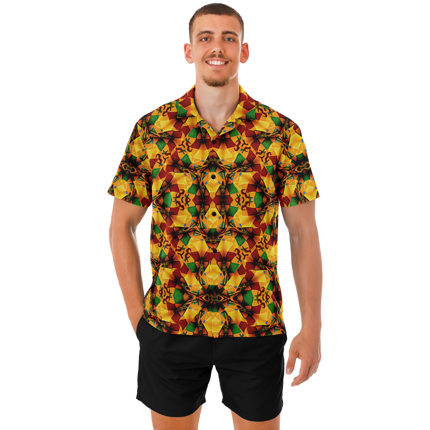 Men's Vibrant Autumn Kaleidoscope Pattern Spread Collar Short Sleeve Button-Down All Over Print Shirt.