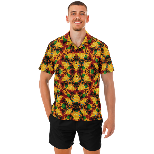Men's Vibrant Autumn Kaleidoscope Pattern Spread Collar Short Sleeve Button-Down All Over Print Shirt.