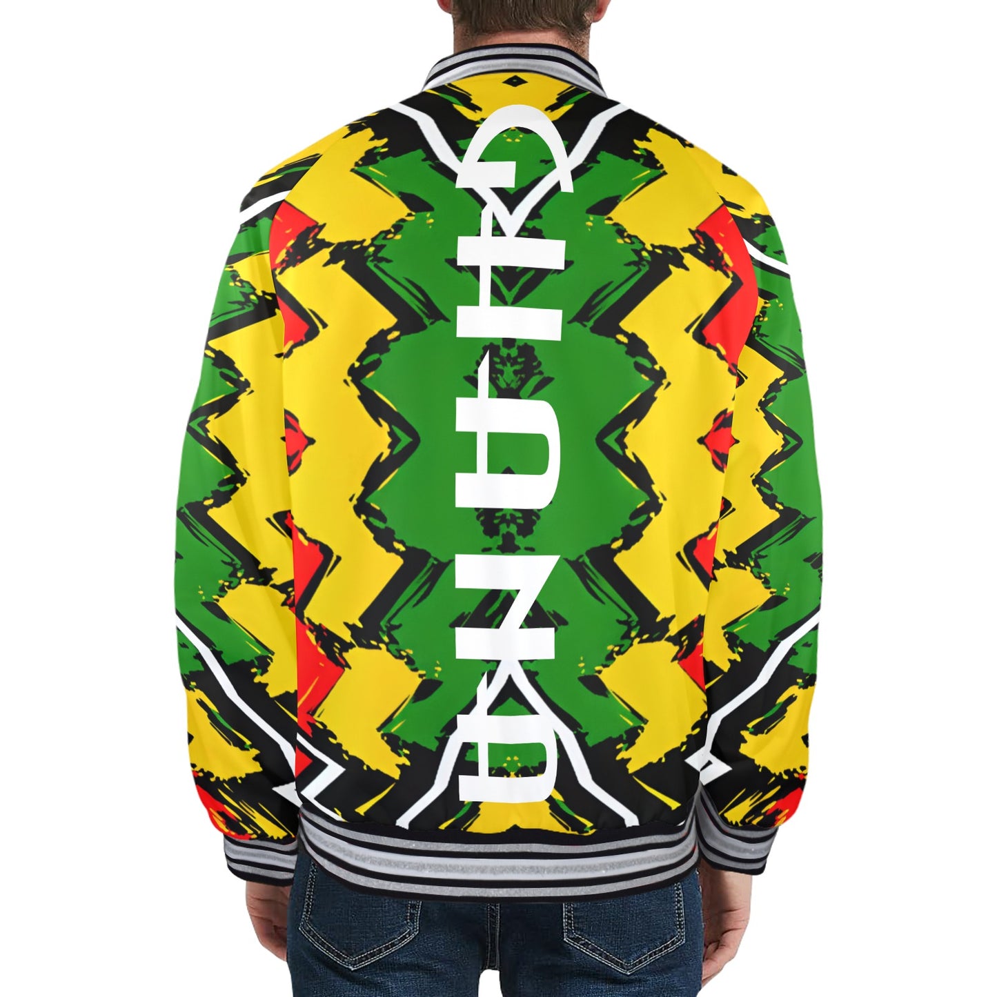 Men's Ghana Flag & Black Star Pattern All-Over Print Striped Trim Bomber Jacket