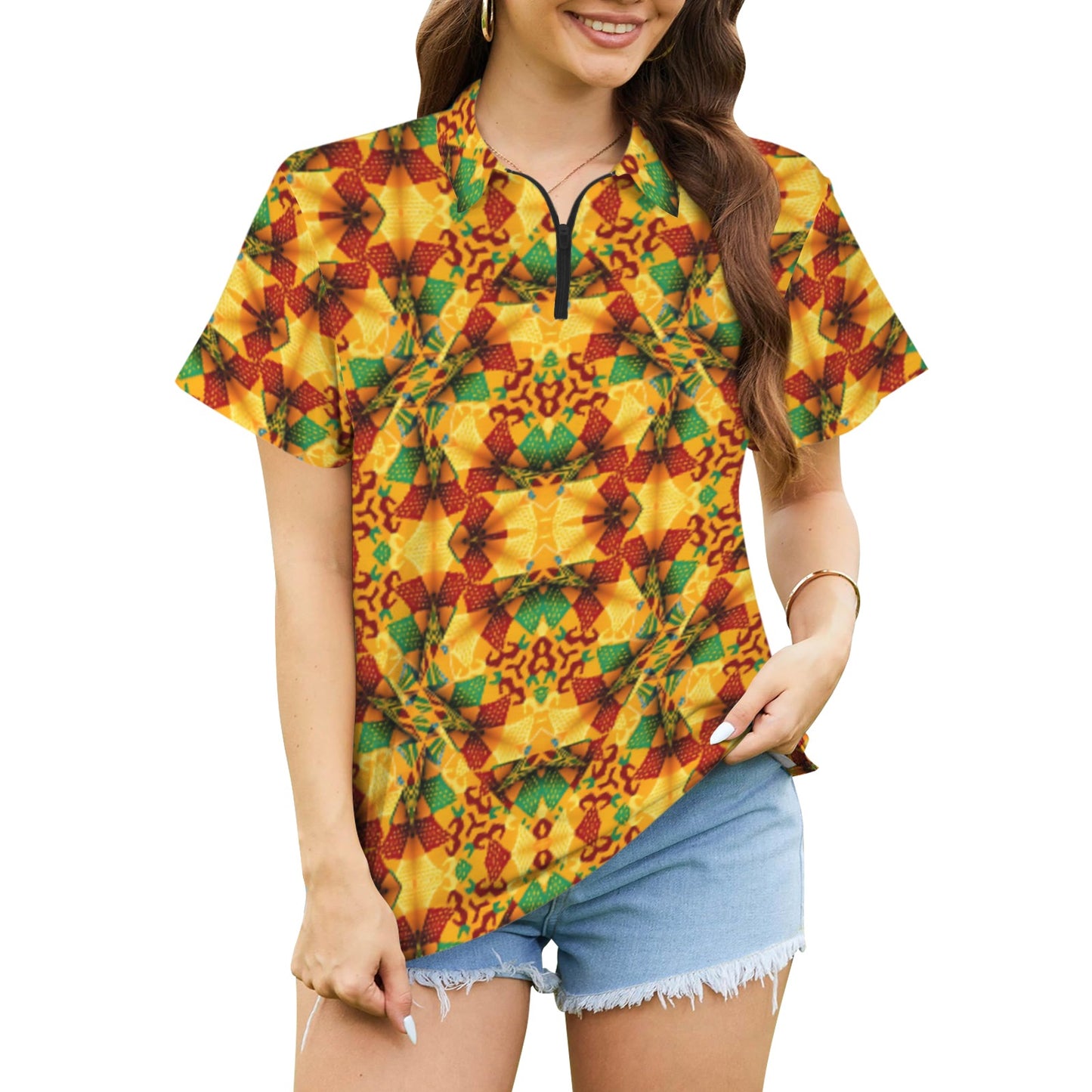 Women's Vibrant African Kente Geometric Pattern All Over Print Zipper Polo Shirt