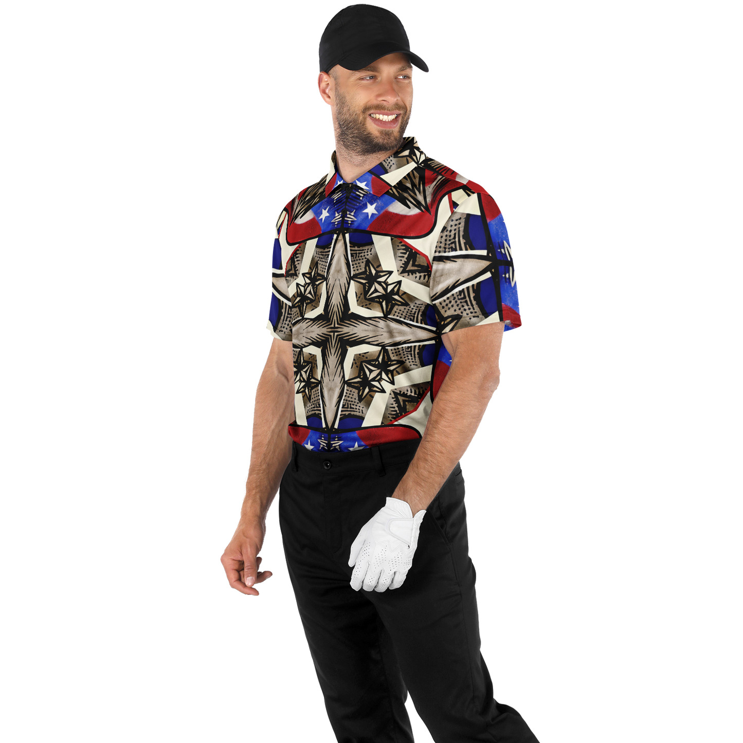 Men's Patriotic Stars & Cross Kaleidoscope Pattern All-Over Print Polo Shirt