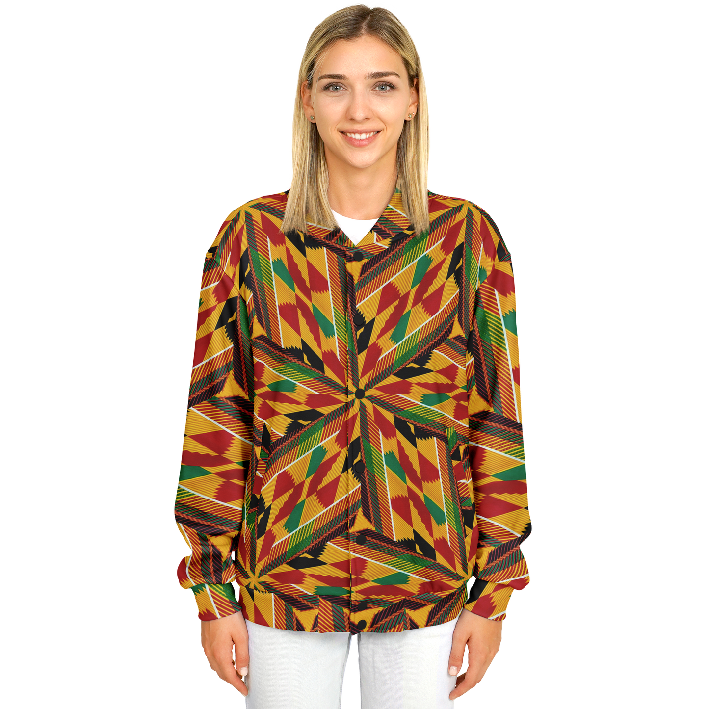 Women's Vibrant African Kente Geometric All-Over Print Baseball Jacket