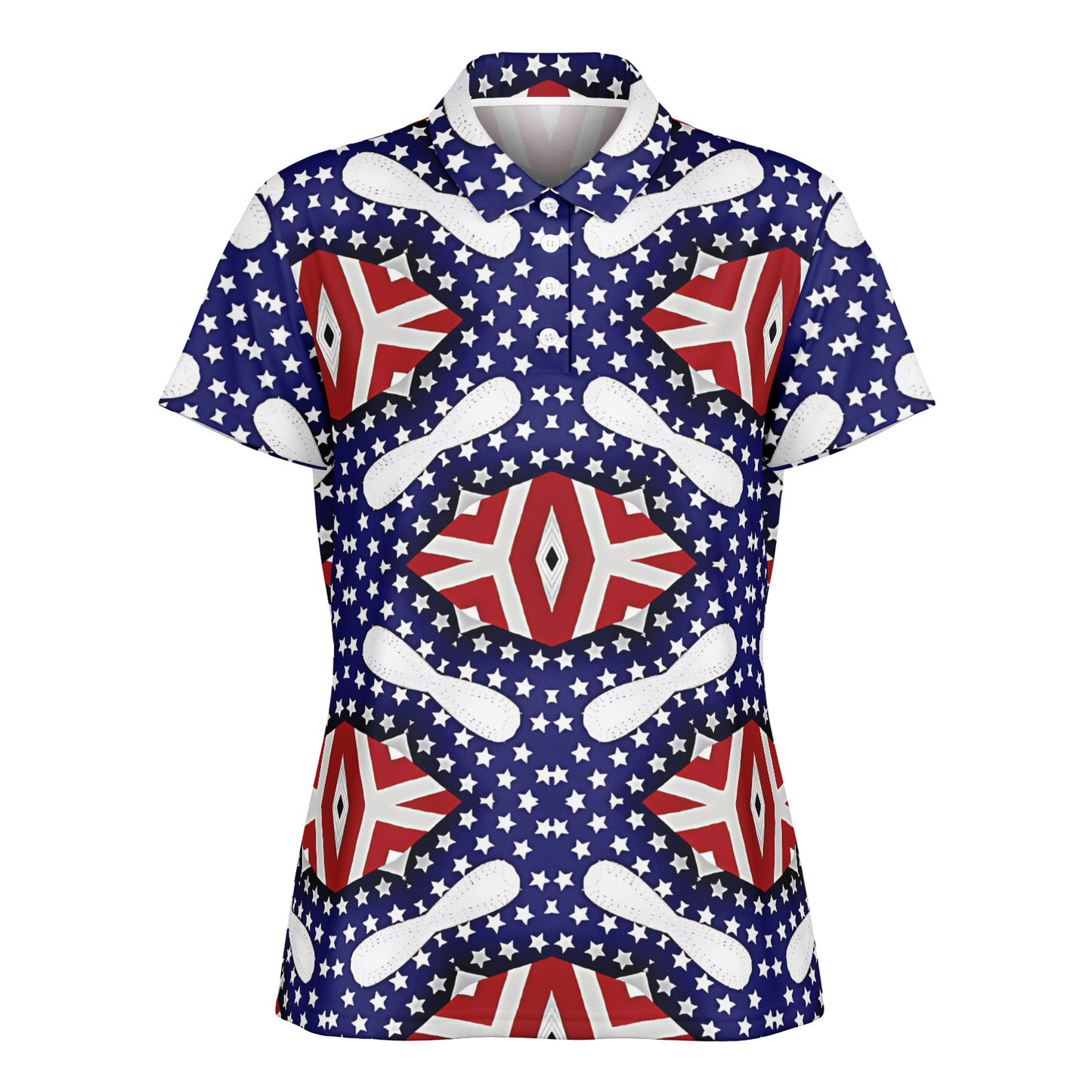 Women's White Blue & Red Patterned Polo Shirt Polo Shirt