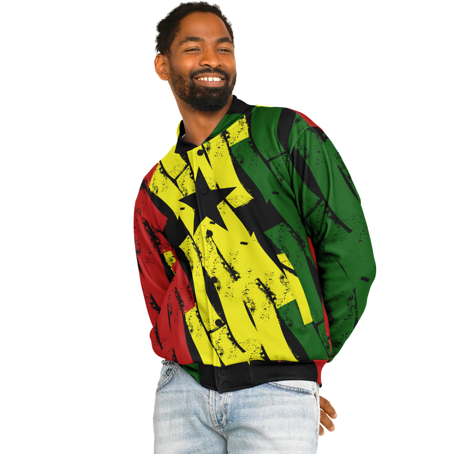 Men's Ghana Flag & Black Star Pattern All-Over Print Baseball Jacket