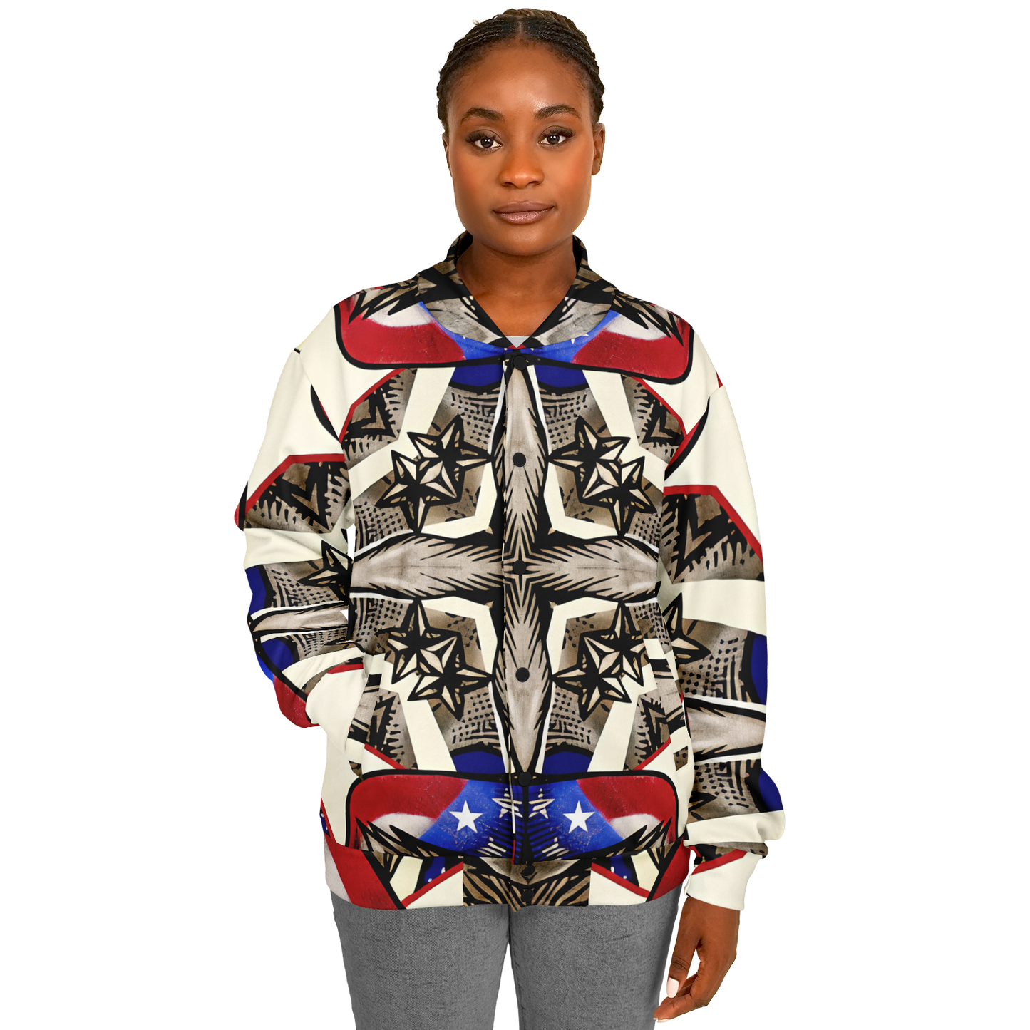 Women's Patriotic Star Kaleidoscope Pattern All-Over Print Baseball Jacket