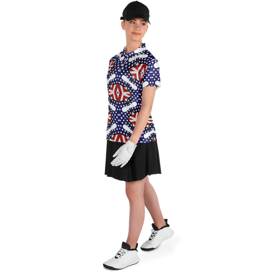 Women's White Blue & Red Patterned Polo Shirt Polo Shirt