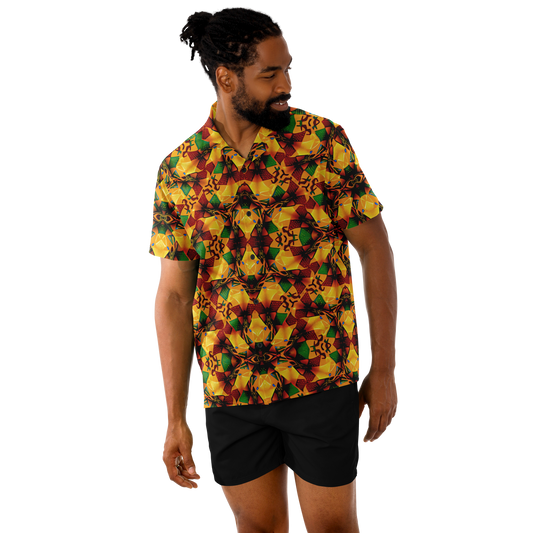 Men's Vibrant Autumn Kaleidoscope Pattern Spread Collar Short Sleeve Button-Down All Over Print Shirt.