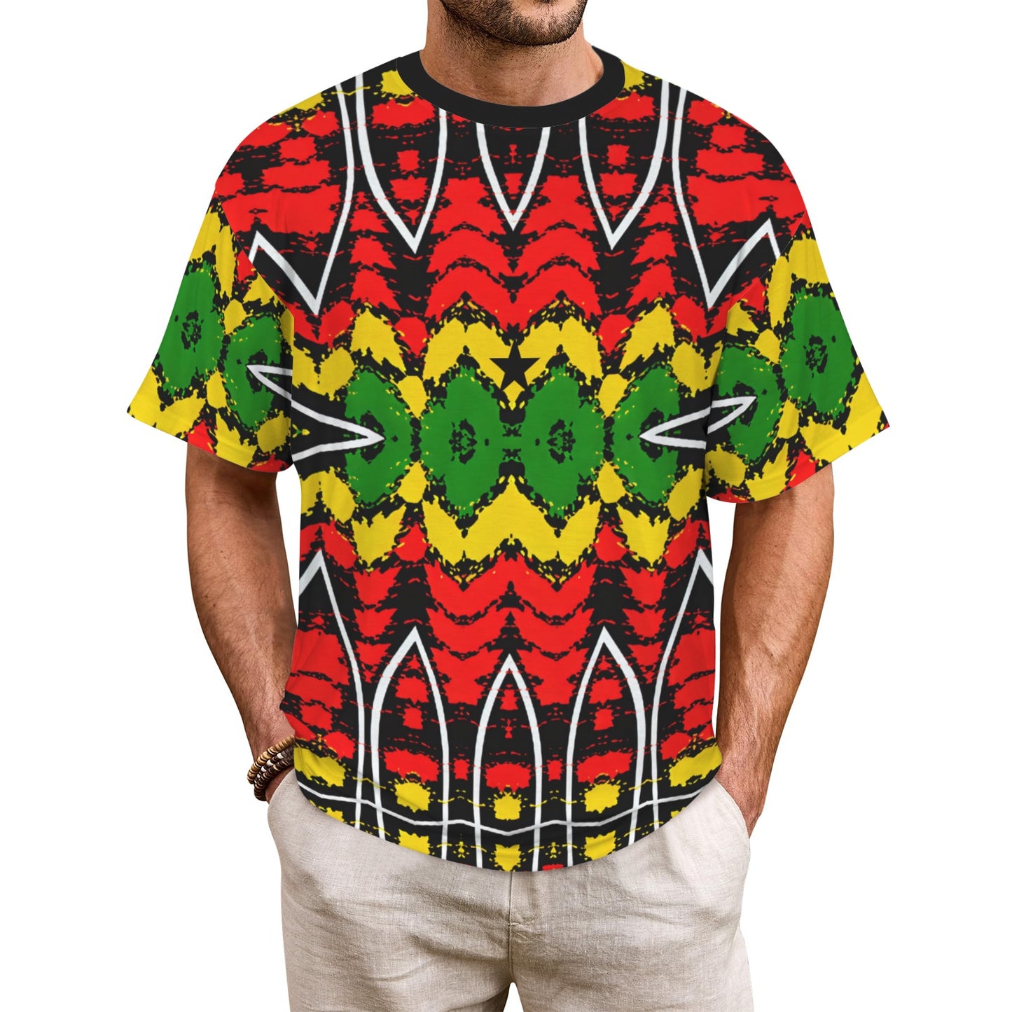Men's Ghana Flag & Black Star Pattern All-Over Print Ribbed Collar T-Shirt