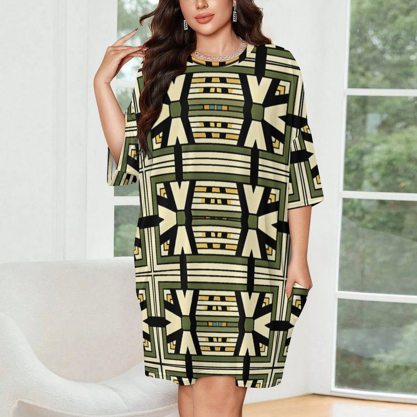 Women's Geometric Olive Green Tribal Pattern All Over Print Oversized T- Shirt Loungewear