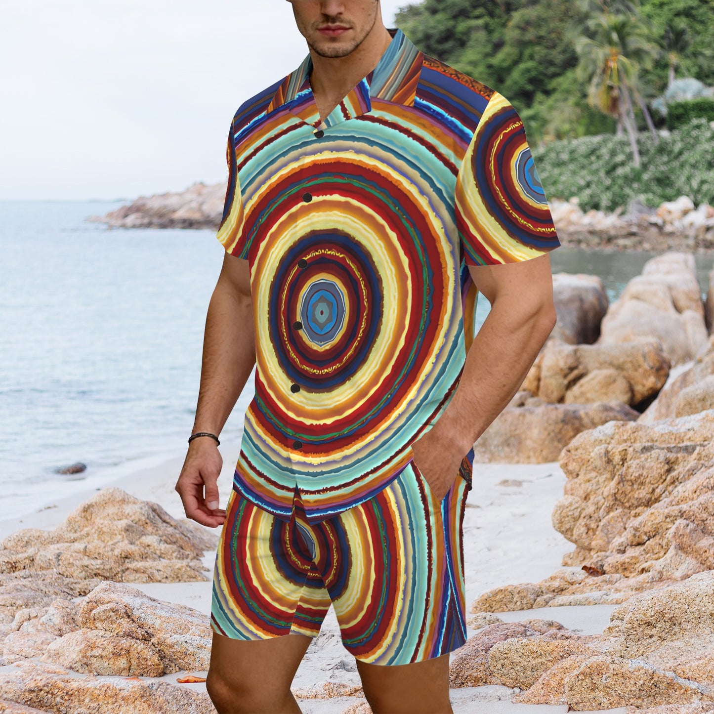 Men's Retro Radiant Circle Pattern All-Over Print Hawaiian Shirt & Shorts Set