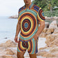 Men's Retro Radiant Circle Pattern All-Over Print Hawaiian Shirt & Shorts Set