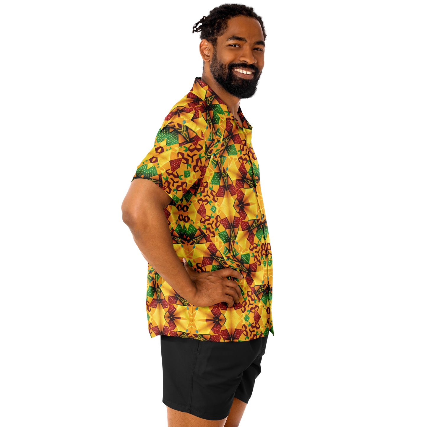 Men's Vibrant African Kente Geometric Pattern All Over Print Spread Collar Short Sleeve Button-Down Shirt