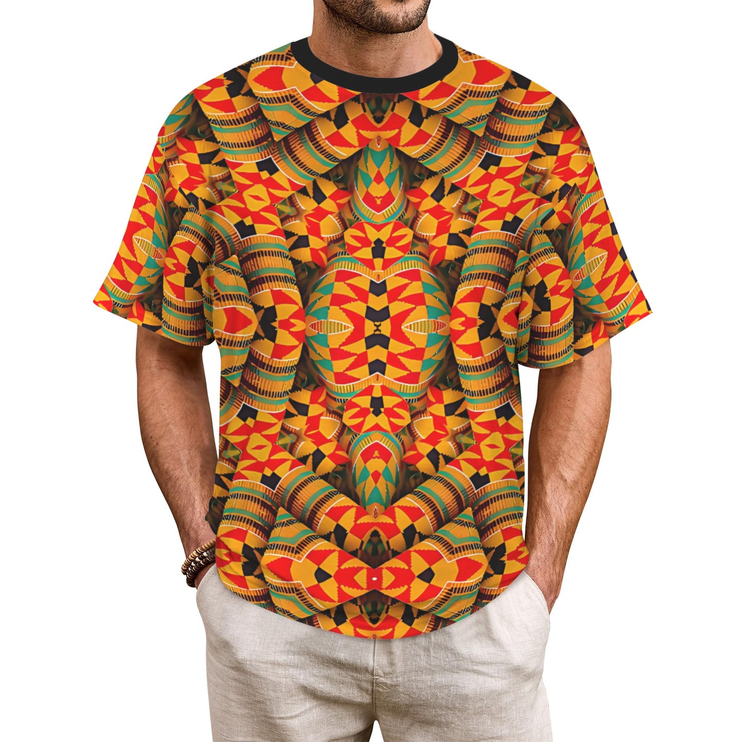 Men's Vibrant Kente Kaleidoscope Geo Pattern All Over Print Ribbed Collar T-Shirt