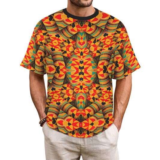 Men's Vibrant Kente Kaleidoscope Geo Pattern All Over Print Ribbed Collar T-Shirt