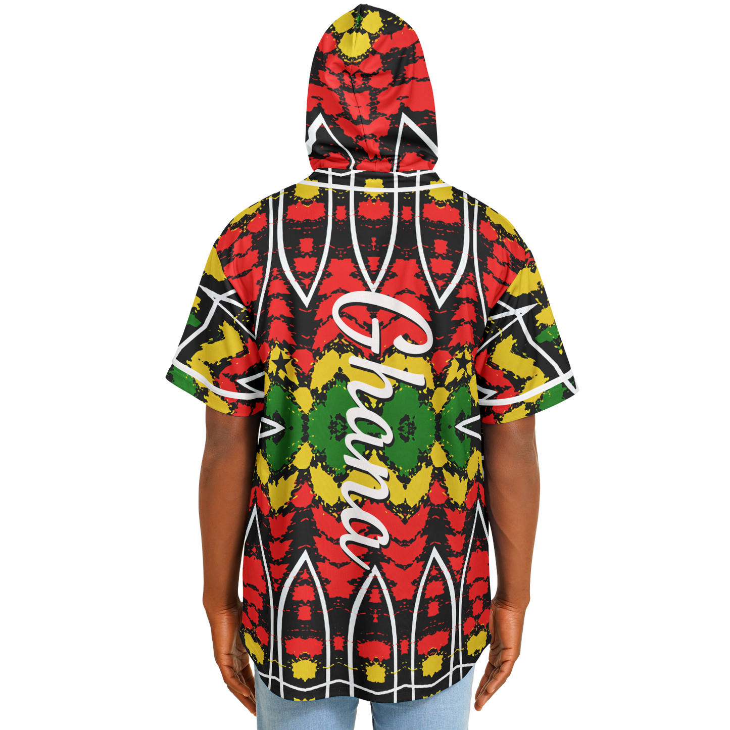 Men's Ghana Flag & Black Star Pattern All-Over Print Hooded Baseball Jersey