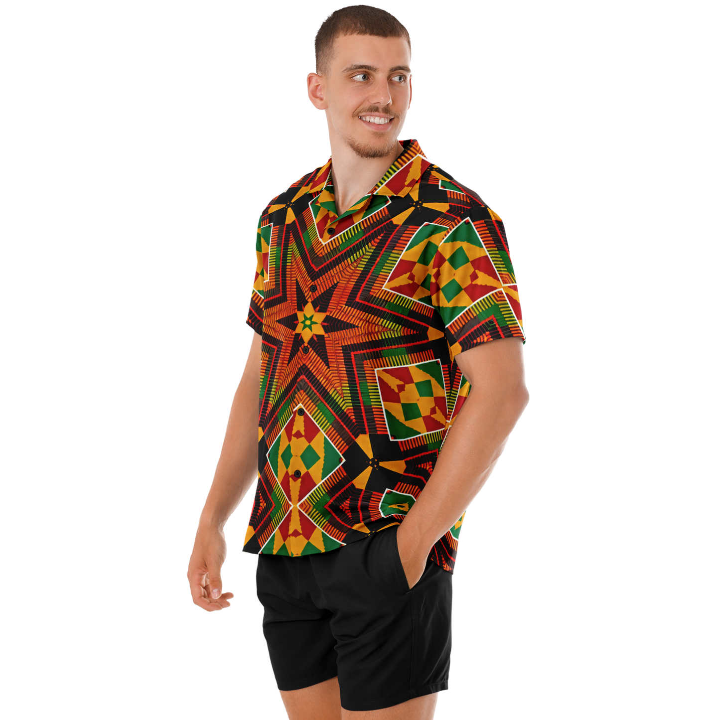 Men's African Kente Geometric Star Pattern All-Over Print Spread Collar Short Sleeve Button-Down Shirt