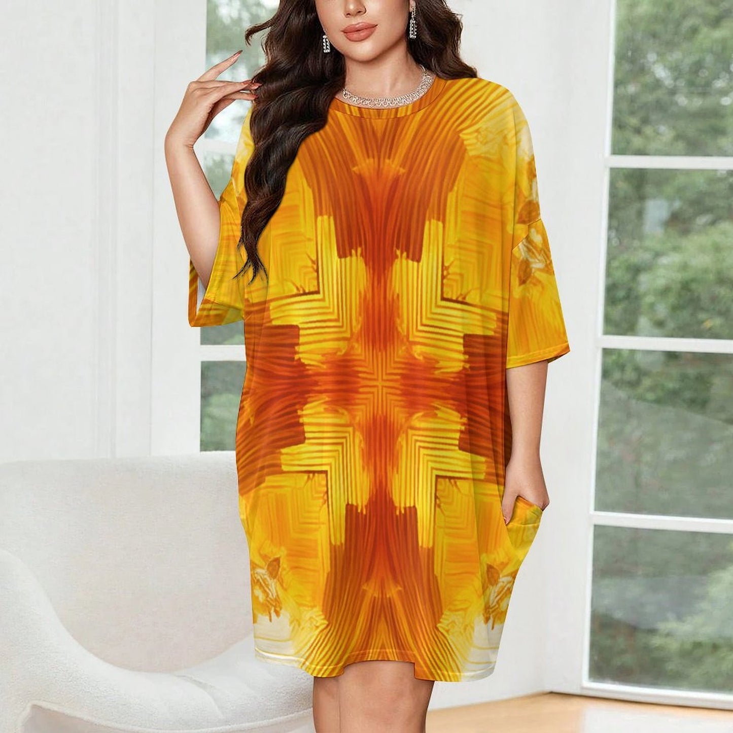 Women's Abstract Orange Flame Pattern All Over Print Oversized T- Shirt Loungewear