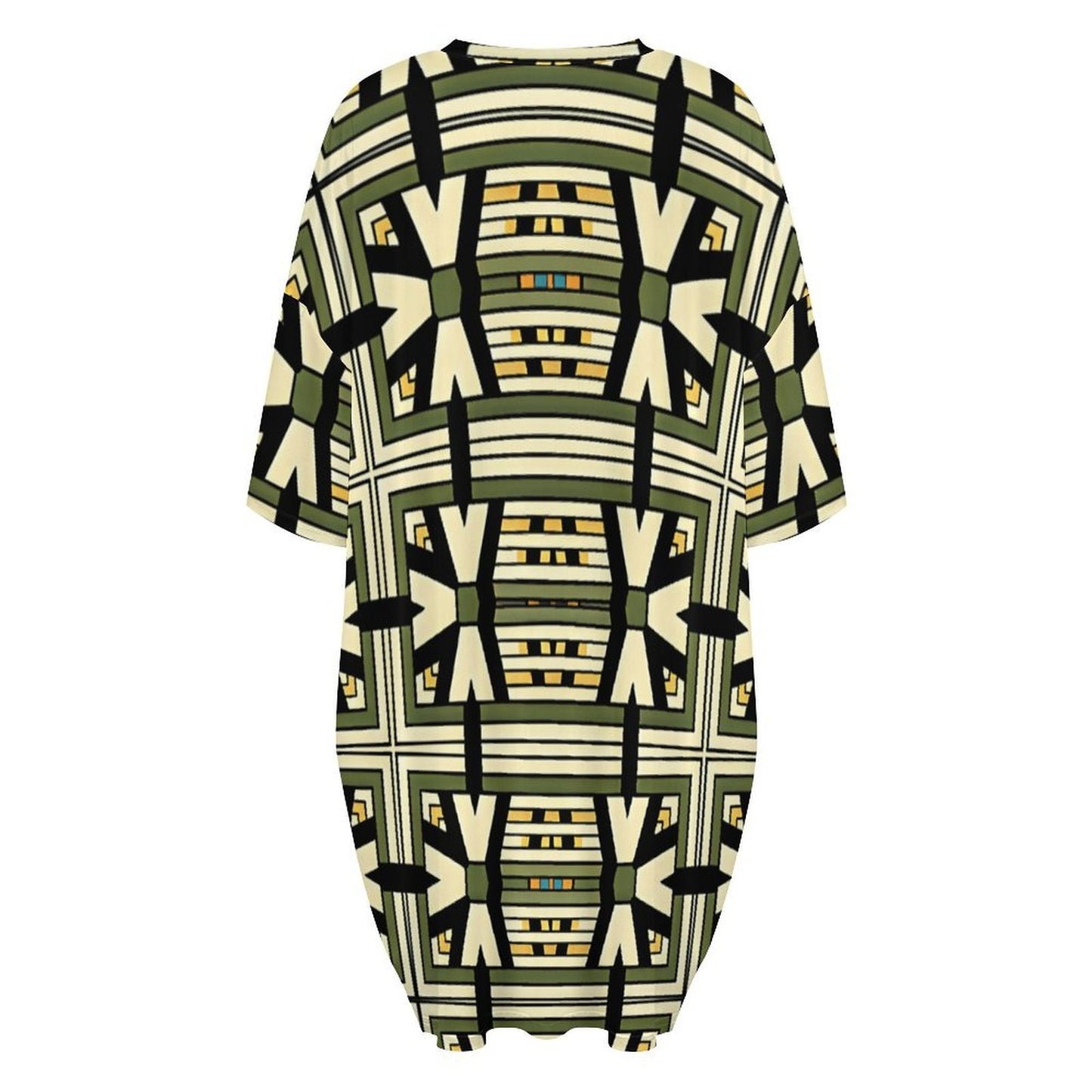 Women's Geometric Olive Green Tribal Pattern All Over Print Oversized T- Shirt Loungewear
