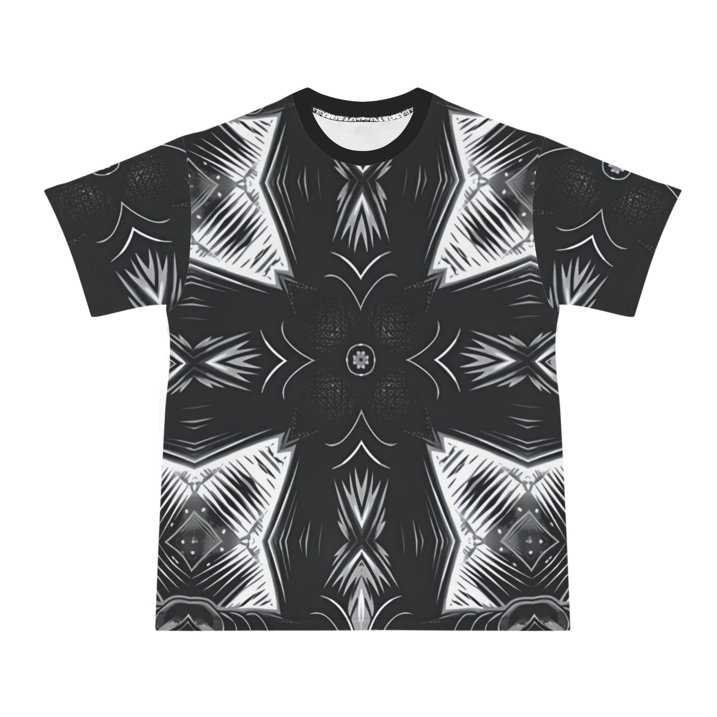 Men's Black & White Geometric Pattern All Over print All Over Print Ribbed Collar T-Shirt