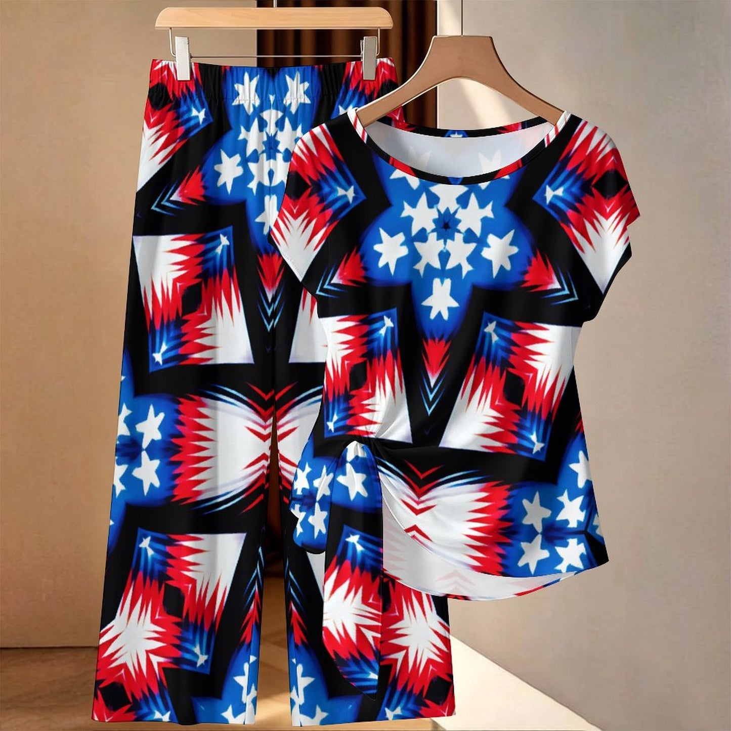 Women's Red White Blue & Black Geometric Pattern All-Over Print Side-Tie Short Sleeve Top & Wide-Leg Pants Set