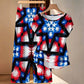 Women's Red White Blue & Black Geometric Pattern All-Over Print Side-Tie Short Sleeve Top & Wide-Leg Pants Set
