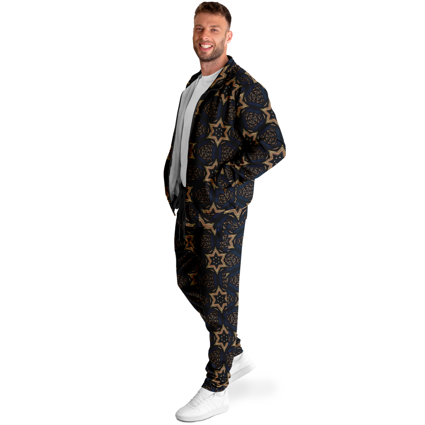 Men's Geometric Floral Pattern in Black & Brown Track Jacket and Pants